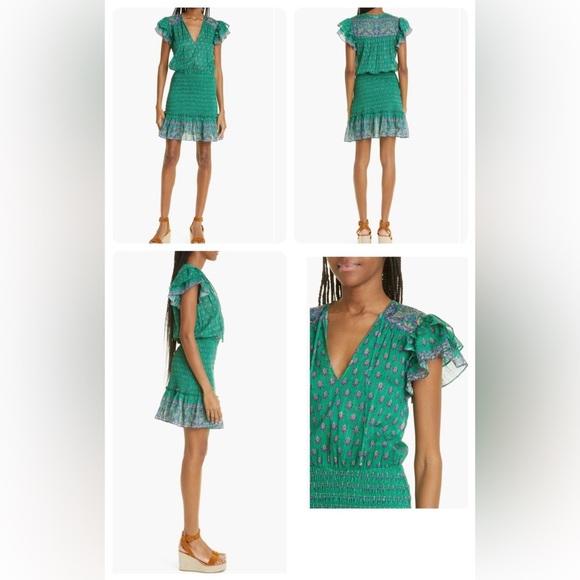 NWT Veronica Beard Brindelle Smocked Cotton Mini Dress in Kelly Green Multi 4 - Picture 3 of 15
